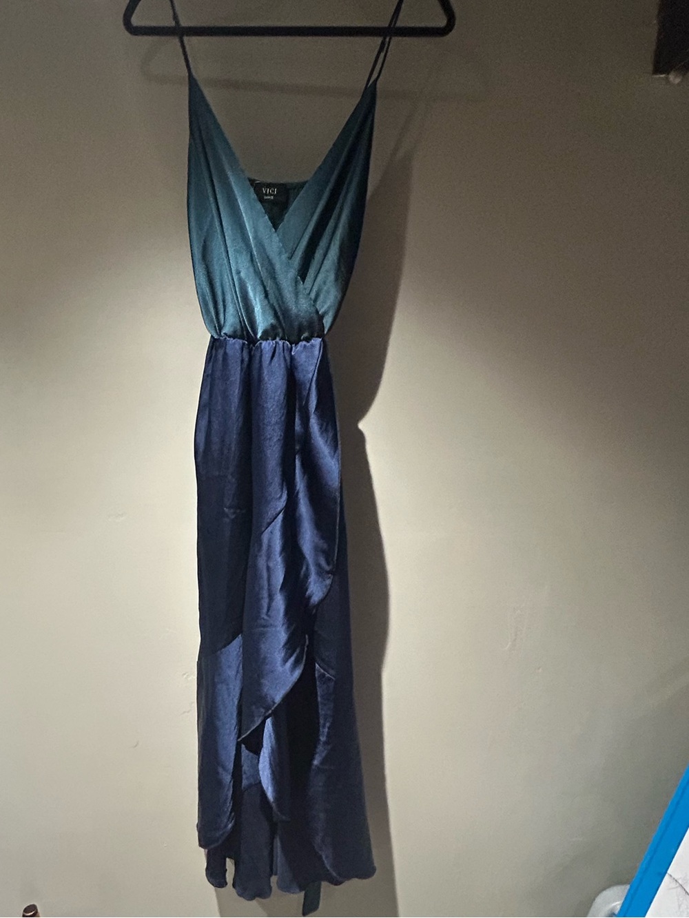 VICI Teal and Navy Satin Wrap dress